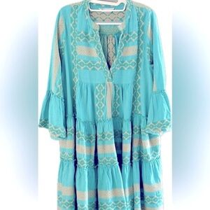 Dharma Dress  Sz M Cotton Weaved Geometric Tiered  Knee long Boho chic Hippie